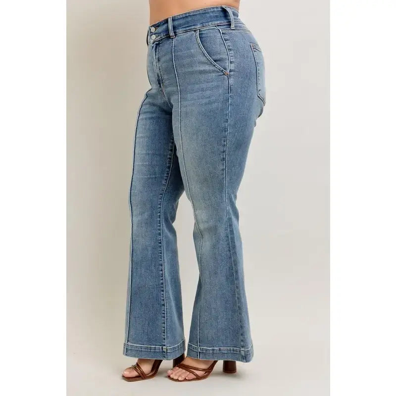 Long Legs and Lattes Flare Judy Blue jeans with high waist stretch fit seam detail. Plus size flattering boutique denim