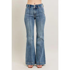 Long Legs and Lattes Flare Judy Blue jeans with high waist stretch fit seam detail. Plus size flattering boutique denim