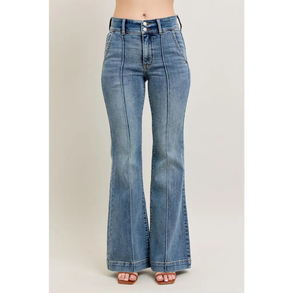 Long Legs and Lattes Flare Judy Blue jeans with high waist stretch fit seam detail. Plus size flattering boutique denim