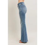 Long Legs and Lattes Flare Judy Blue jeans with high waist stretch fit seam detail. Plus size flattering boutique denim