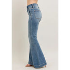 Long Legs and Lattes Flare Judy Blue jeans with high waist stretch fit seam detail. Plus size flattering boutique denim