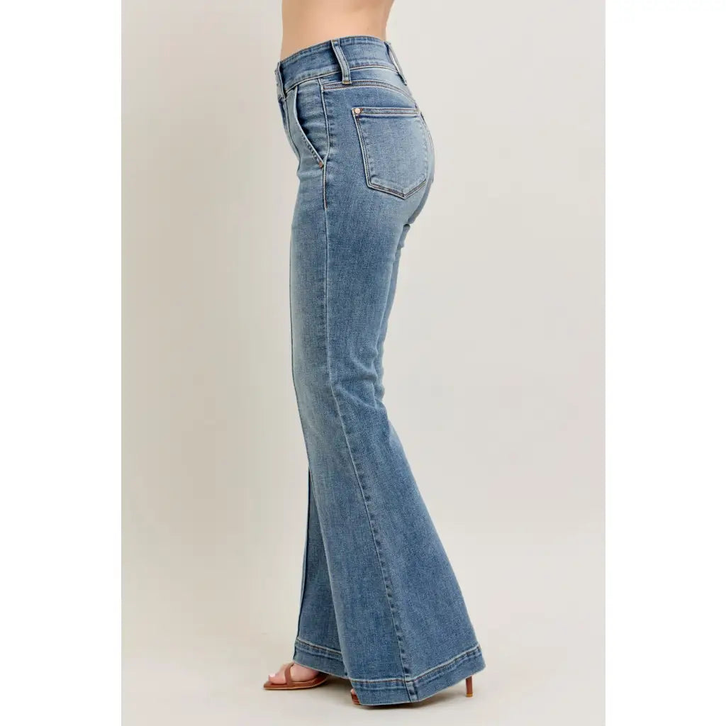 Long Legs and Lattes Flare Judy Blue jeans with high waist stretch fit seam detail. Plus size flattering boutique denim