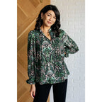 Our Looking Out Damask Print Blouse is a perfectly poetic top! Crafted from gorgeous green black pale pink and white