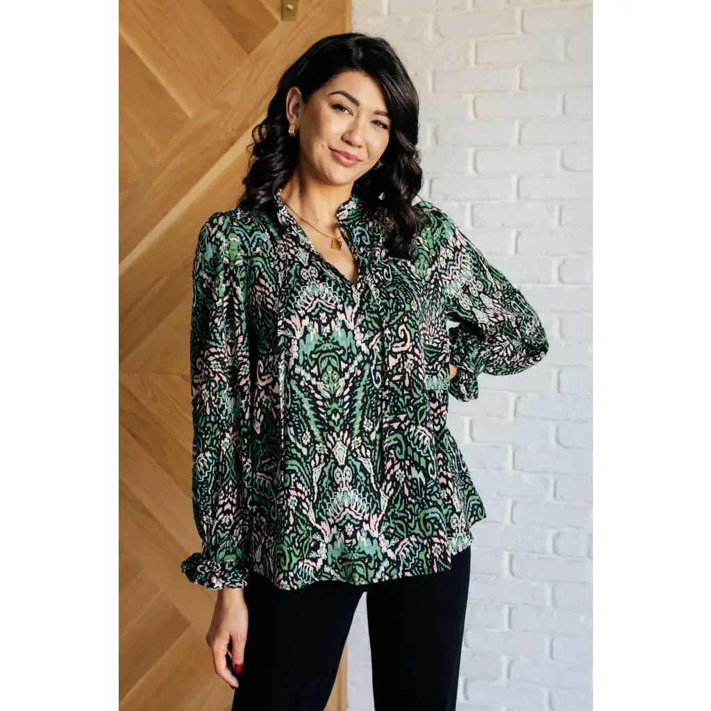 Our Looking Out Damask Print Blouse is a perfectly poetic top! Crafted from gorgeous green black pale pink and white