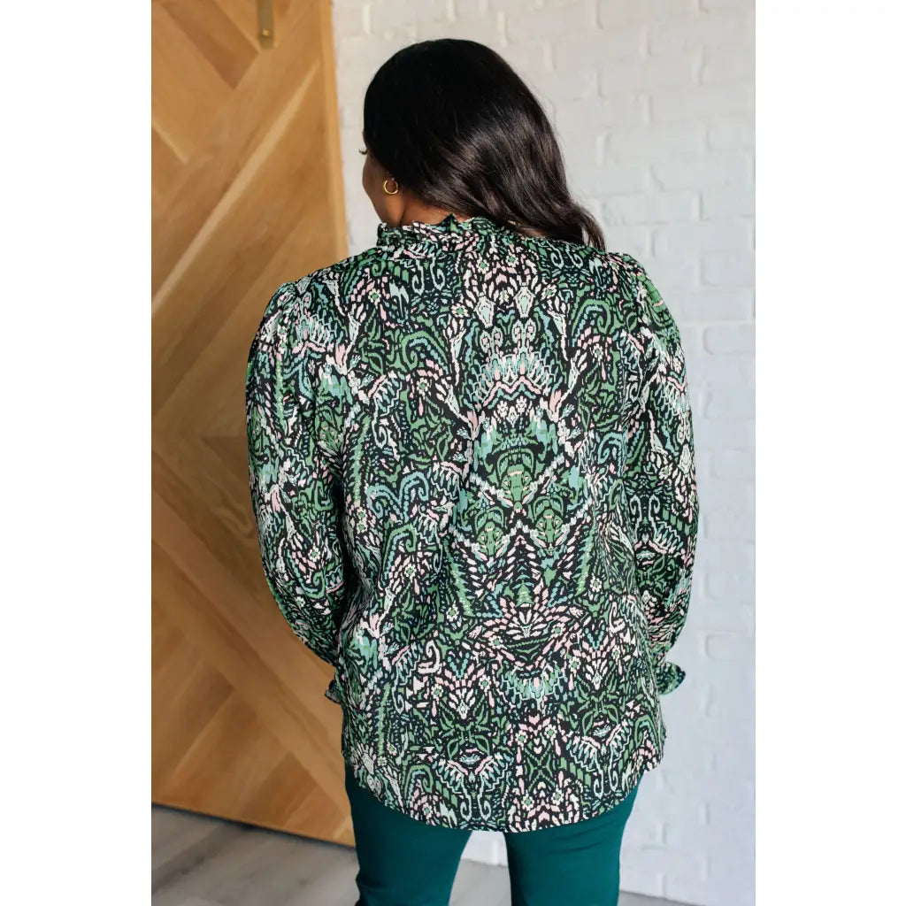 Our Looking Out Damask Print Blouse is a perfectly poetic top! Crafted from gorgeous green black pale pink and white