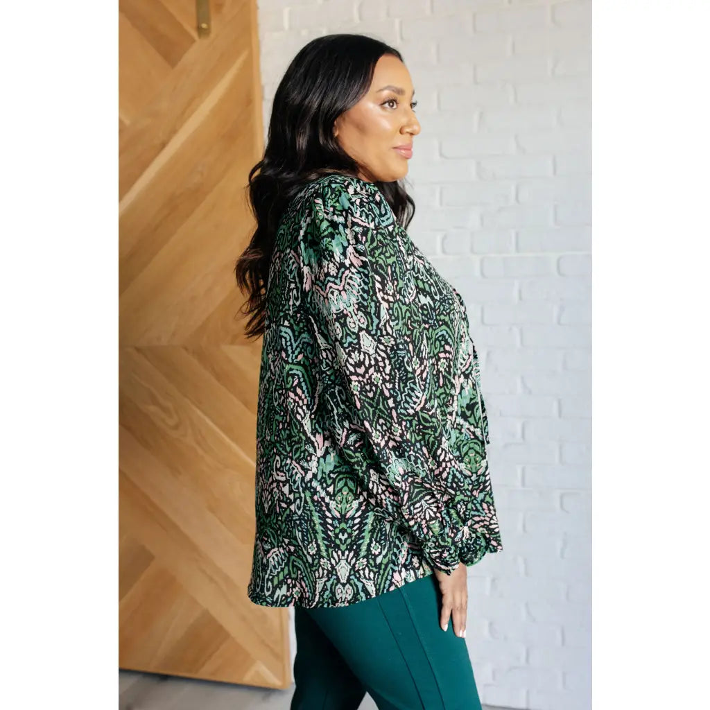 Our Looking Out Damask Print Blouse is a perfectly poetic top! Crafted from gorgeous green black pale pink and white