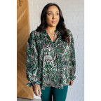 Our Looking Out Damask Print Blouse is a perfectly poetic top! Crafted from gorgeous green black pale pink and white
