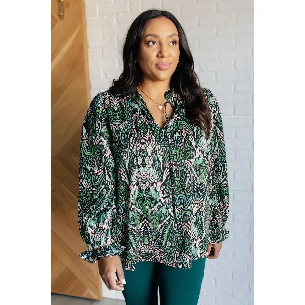 Our Looking Out Damask Print Blouse is a perfectly poetic top! Crafted from gorgeous green black pale pink and white