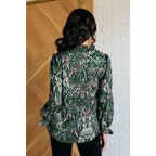 Our Looking Out Damask Print Blouse is a perfectly poetic top! Crafted from gorgeous green black pale pink and white
