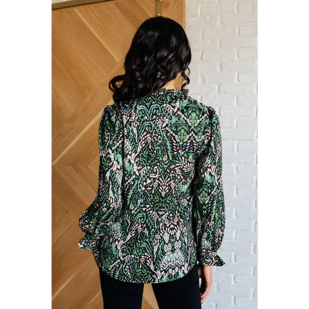 Our Looking Out Damask Print Blouse is a perfectly poetic top! Crafted from gorgeous green black pale pink and white