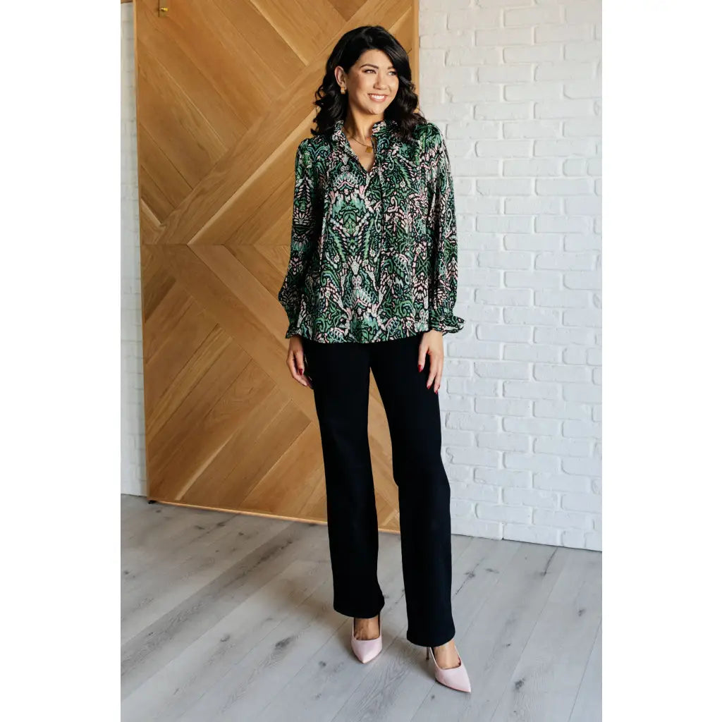 Our Looking Out Damask Print Blouse is a perfectly poetic top! Crafted from gorgeous green black pale pink and white