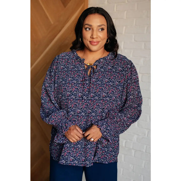 Lucid Dream Ruffle Neckline Blouse in Navy - Blouses