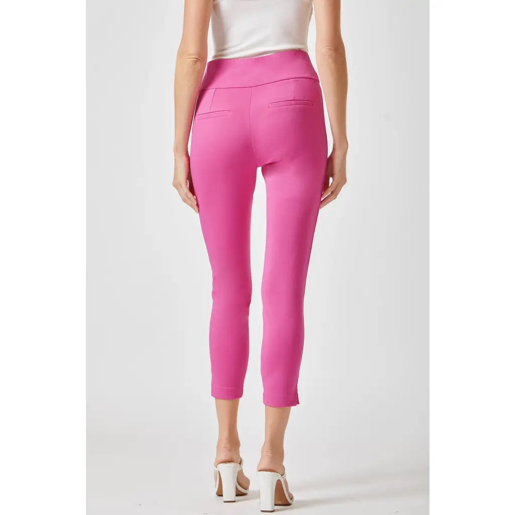 Our Magic Ankle Crop Skinny Pants feature a high rise slim fit in ponte knit. The stretchy pull-on design elastic
