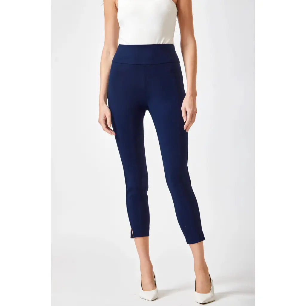 Our Magic Ankle Crop Skinny Pants feature a high rise slim fit in ponte knit. The stretchy pull-on design elastic