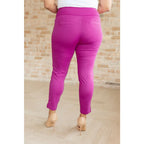 Our Magic Ankle Crop Skinny Pants feature a high rise slim fit in ponte knit. The stretchy pull-on design elastic