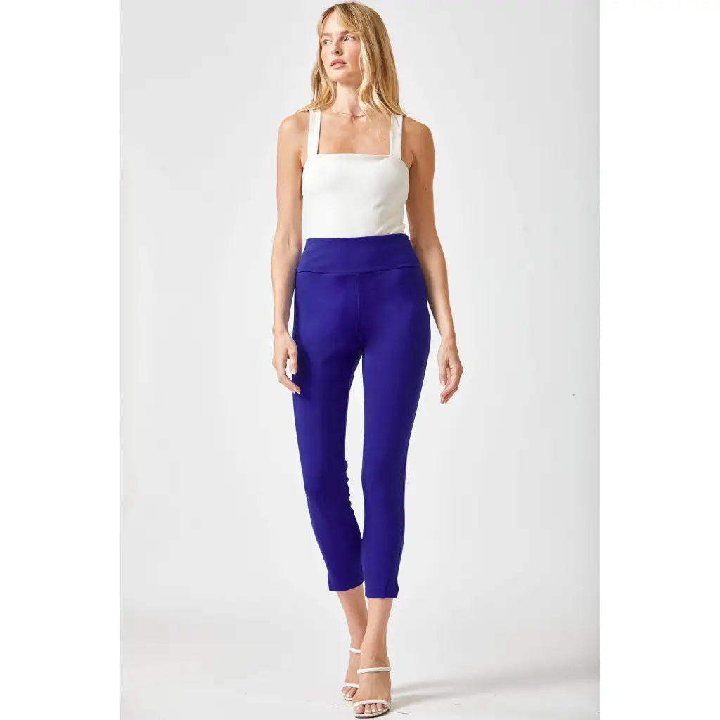 Our Magic Ankle Crop Skinny Pants feature a high rise slim fit in ponte knit. The stretchy pull-on design elastic
