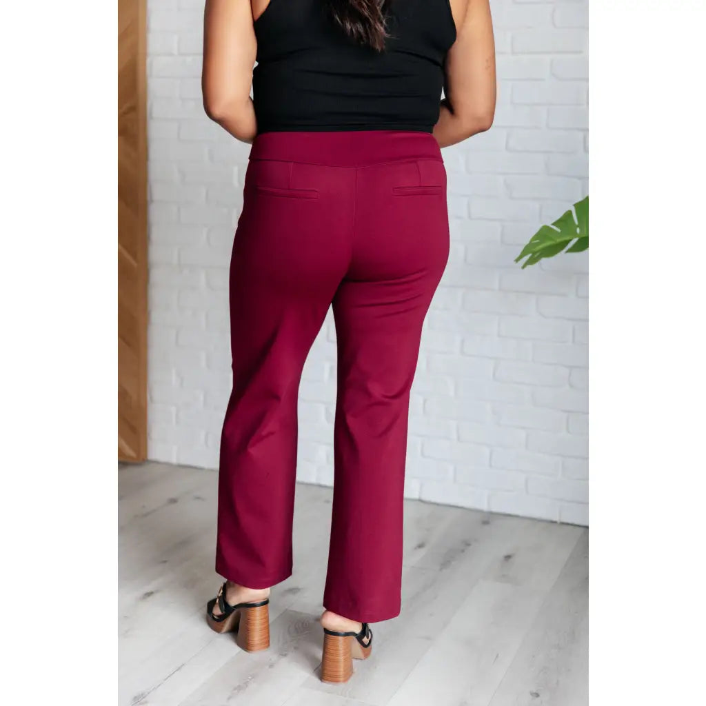 Our Magic Straight Leg Pants in Wine are made with a soft ponte knit fabric for ultimate comfort. These stretchy slim