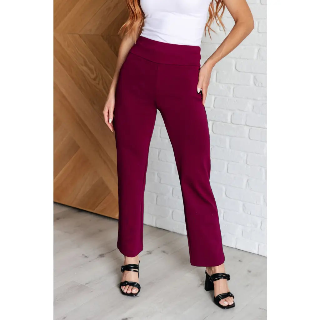 Our Magic Straight Leg Pants in Wine are made with a soft ponte knit fabric for ultimate comfort. These stretchy slim