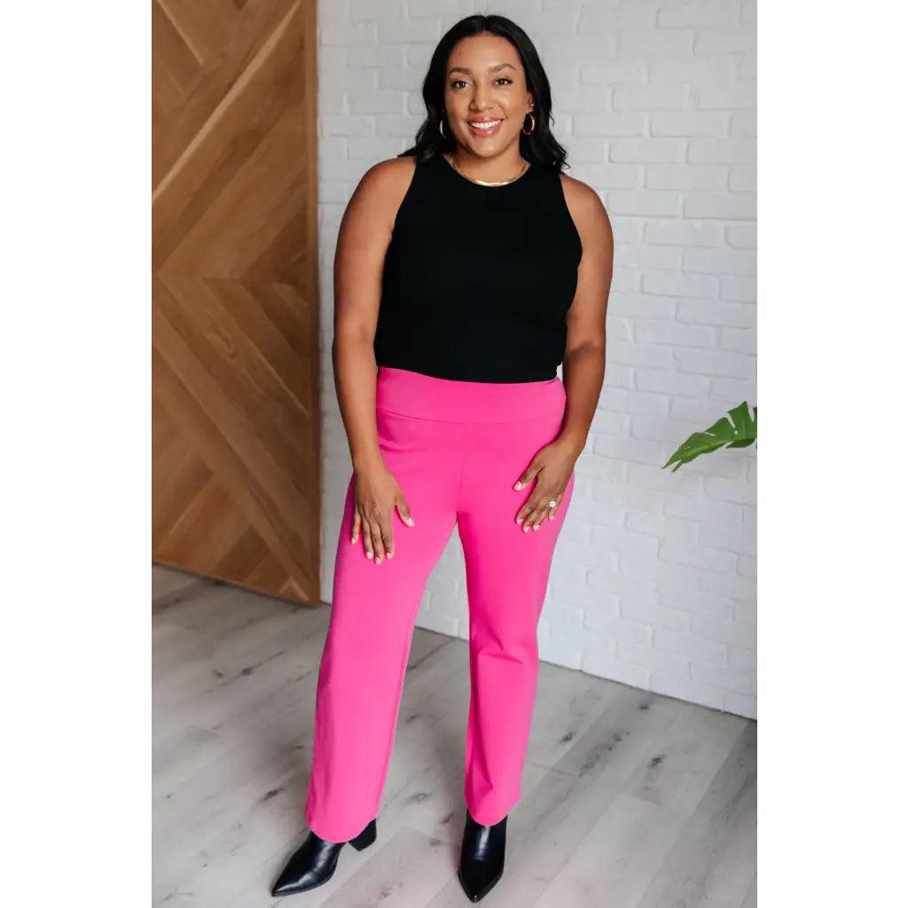 Our Magic Straight Pants in Hot Pink are made with a stretchy ponte knit fabric. These pull on straight leg pants