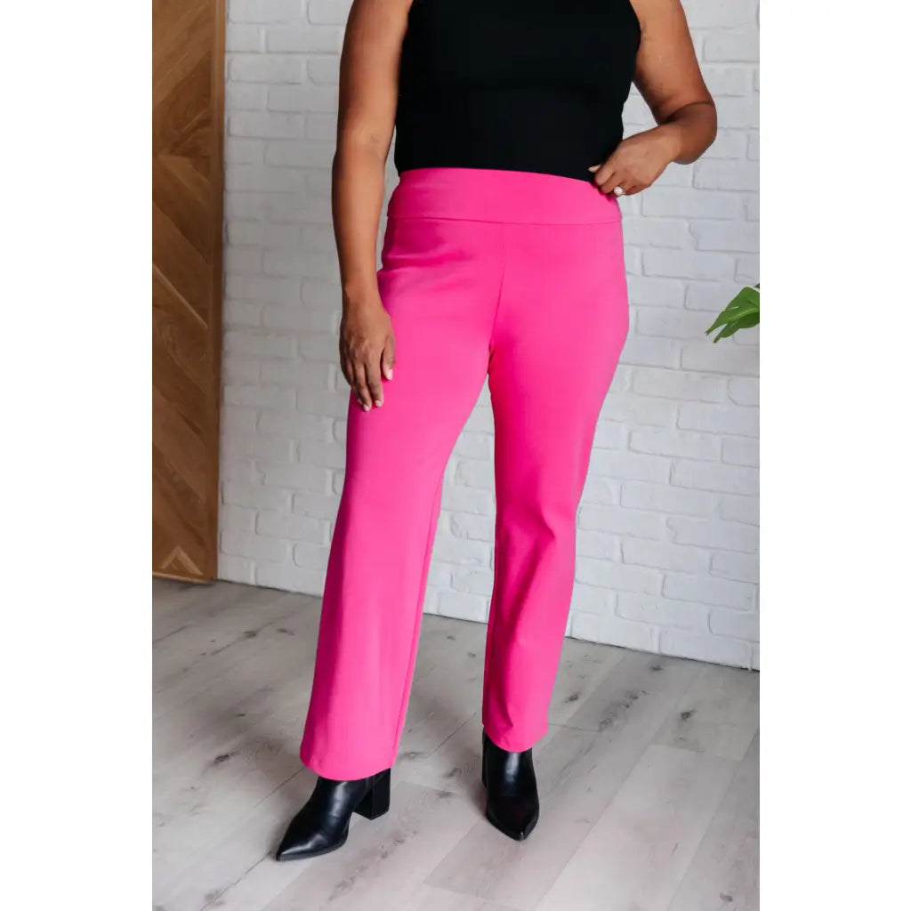 Our Magic Straight Pants in Hot Pink are made with a stretchy ponte knit fabric. These pull on straight leg pants