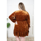 Our Magnificent Golden Muse Velvet Mini Dress is crafted from a stunning crushed velvet with v-neck long balloon