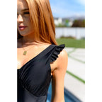 Chic black one-piece swimsuit with ruffle straps v-neckline ruching and removable cups. Plus size swimwear