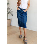 Get ready to rock your denim look with our Marcy High Rise Denim Midi Skirt from Judy Blue! With a flattering high rise