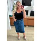 Get ready to rock your denim look with our Marcy High Rise Denim Midi Skirt from Judy Blue! With a flattering high rise