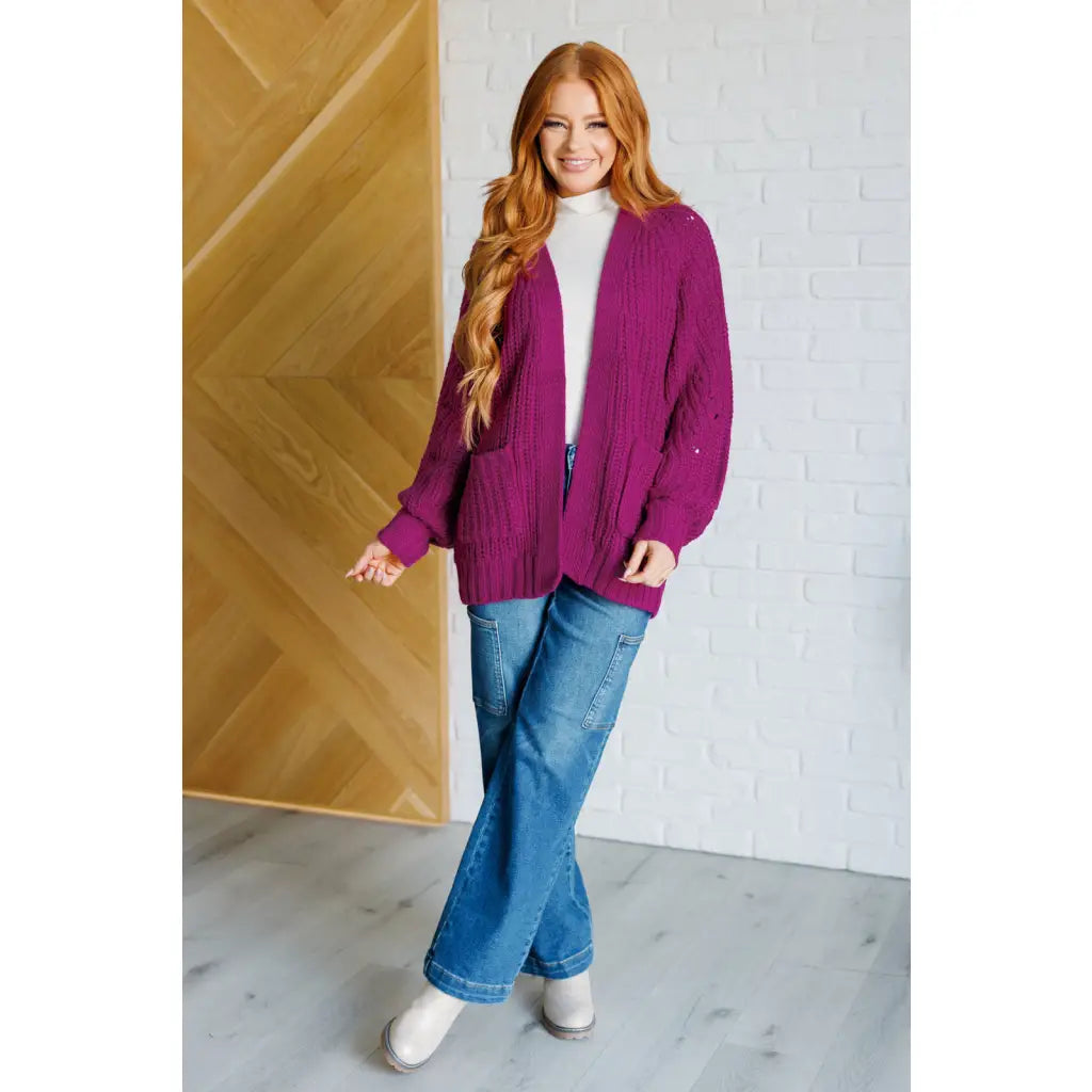 Stay cozy in our Maybe Monday Cardigan! This super soft sweater knit cardigan features an open front pockets a slouchy