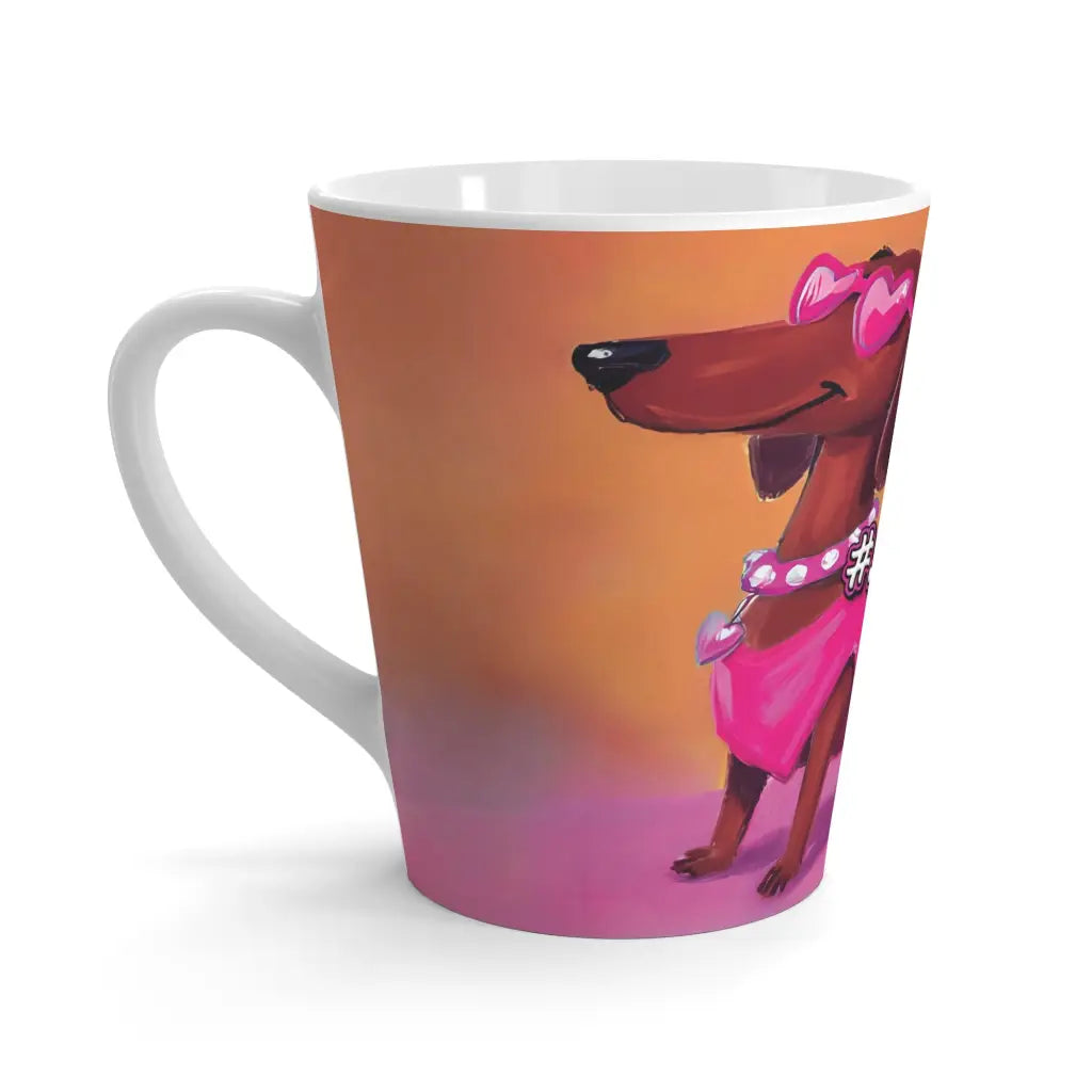 12 oz latte mug with Roxy Roo in pink glam. Boutique ceramic dachshund art. Microwave and dishwasher safe. Ships 4 to 8
