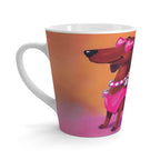 12 oz latte mug with Roxy Roo in pink glam. Boutique ceramic dachshund art. Microwave and dishwasher safe. Ships 4 to 8