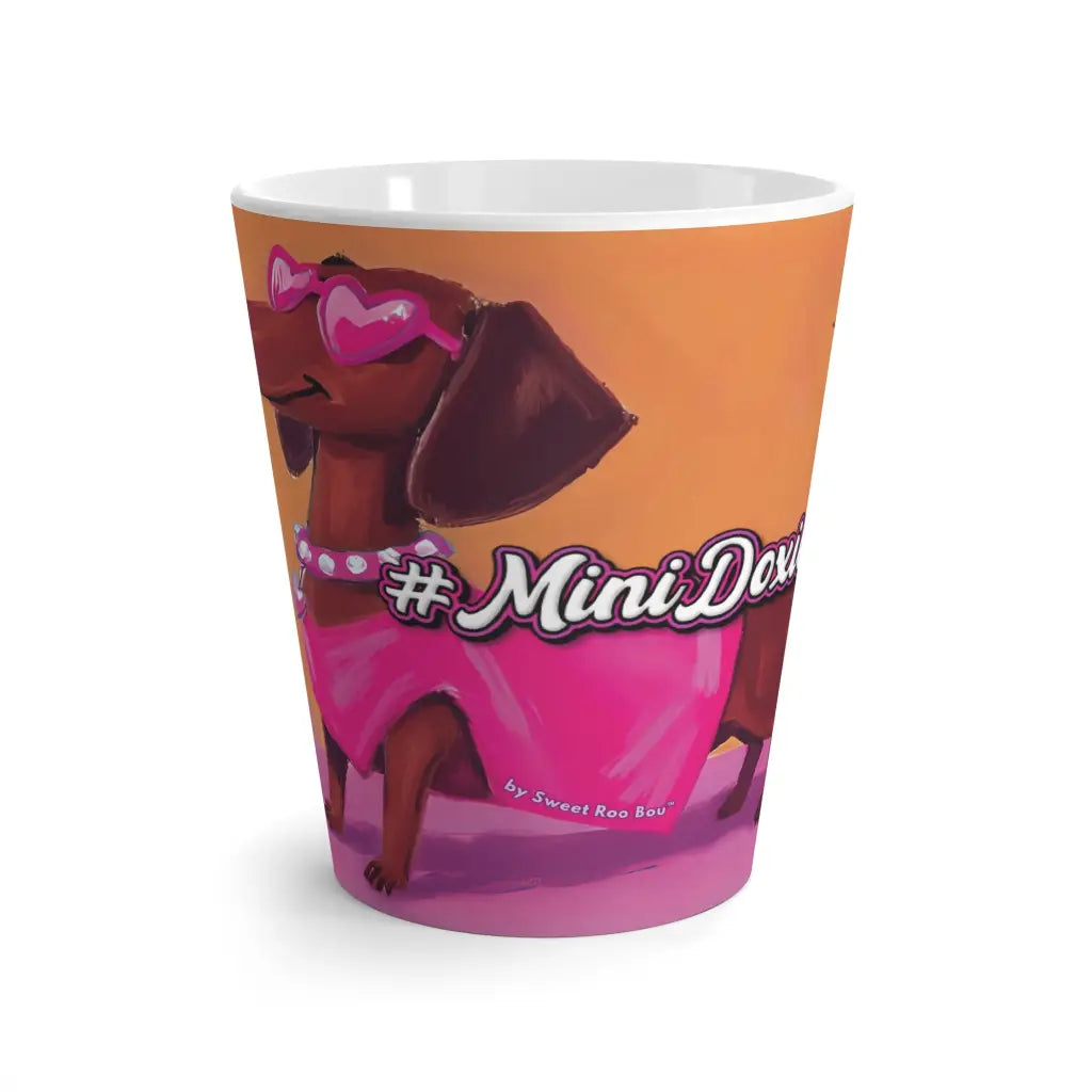 12 oz latte mug with Roxy Roo in pink glam. Boutique ceramic dachshund art. Microwave and dishwasher safe. Ships 4 to 8