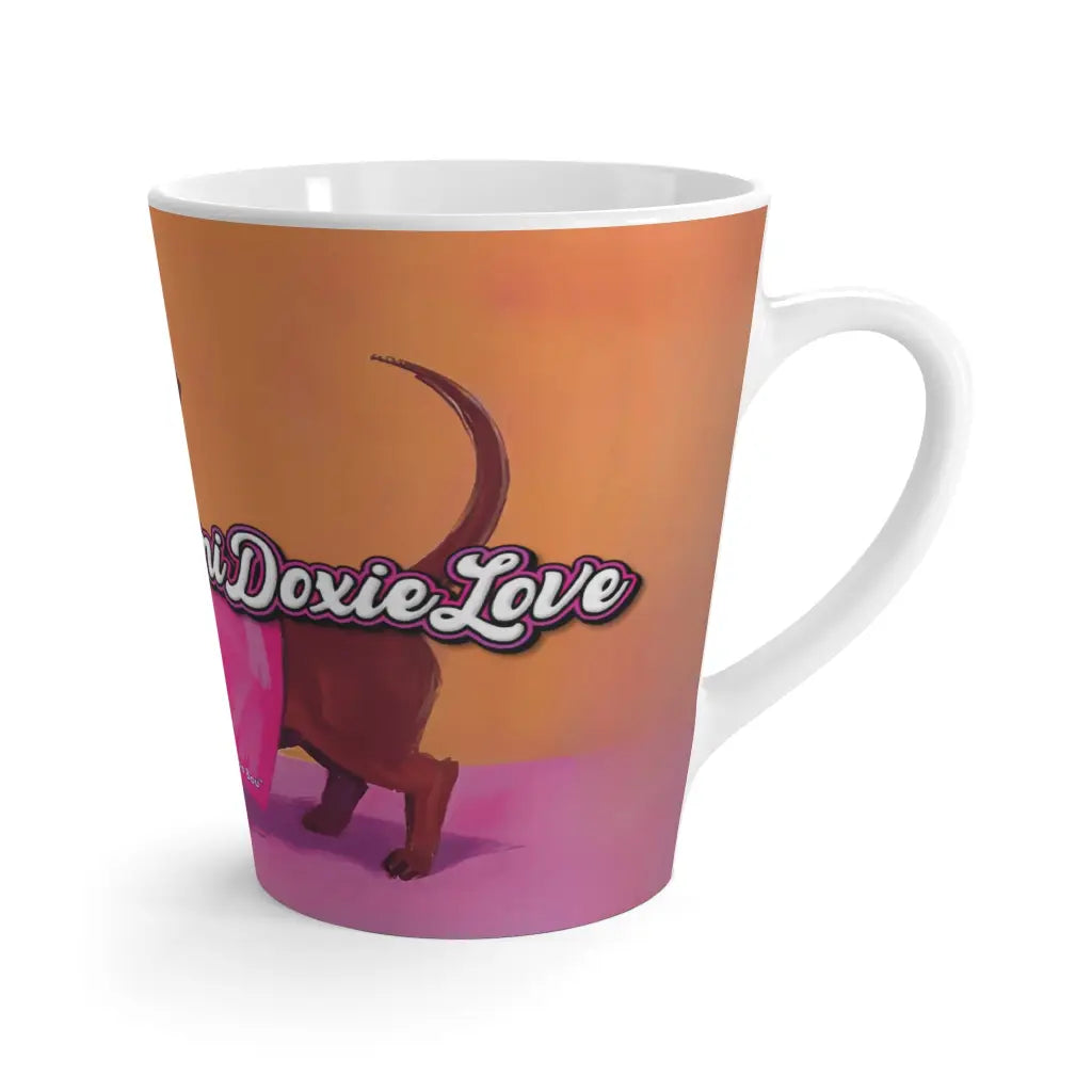 12 oz latte mug with Roxy Roo in pink glam. Boutique ceramic dachshund art. Microwave and dishwasher safe. Ships 4 to 8