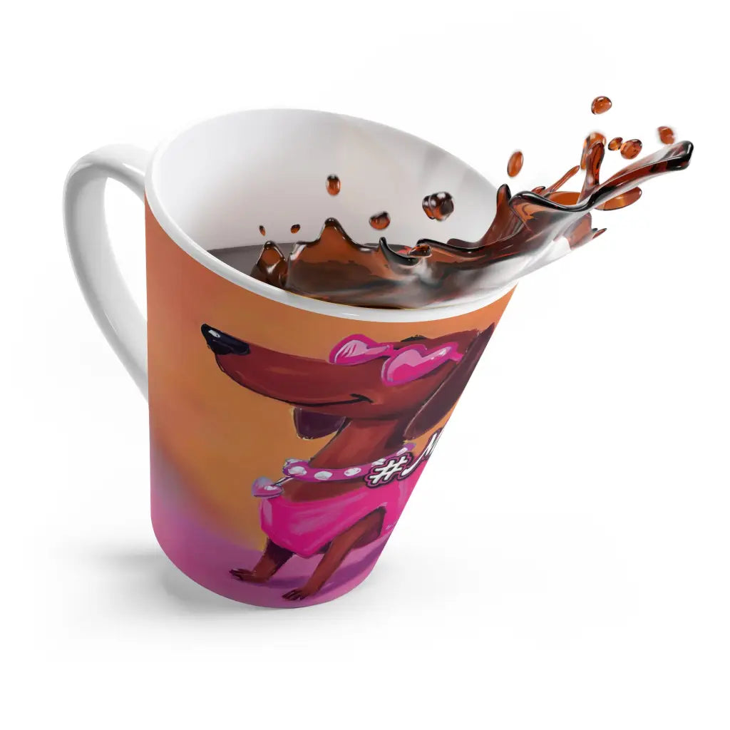 12 oz latte mug with Roxy Roo in pink glam. Boutique ceramic dachshund art. Microwave and dishwasher safe. Ships 4 to 8