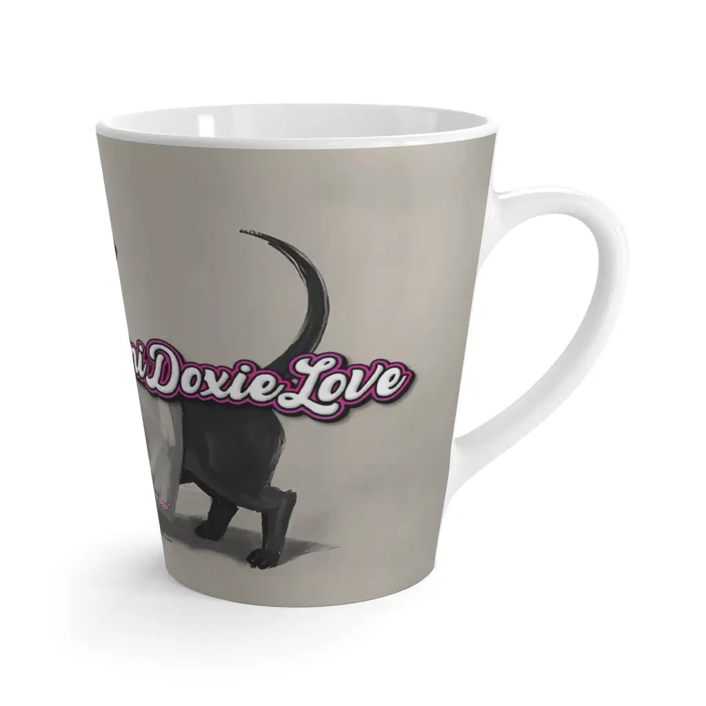 12 oz latte mug with Roxy Roo in black and white. Boutique ceramic modern dachshund art. Microwave dishwasher safe.