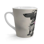12 oz latte mug with Roxy Roo in black and white. Boutique ceramic modern dachshund art. Microwave dishwasher safe.