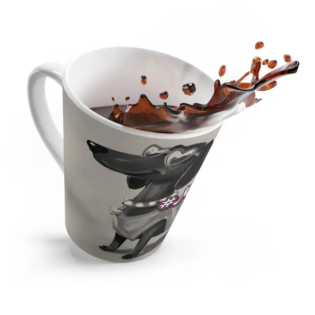 12 oz latte mug with Roxy Roo in black and white. Boutique ceramic modern dachshund art. Microwave dishwasher safe.