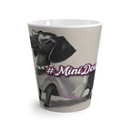 12 oz latte mug with Roxy Roo in black and white. Boutique ceramic modern dachshund art. Microwave dishwasher safe.