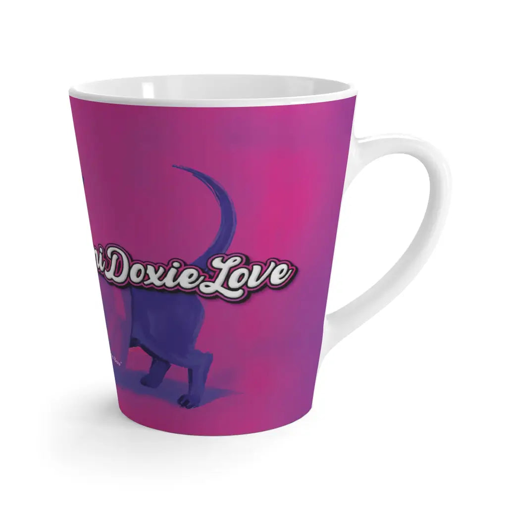 12 oz latte mug with Roxy Roo in purple. Boutique dachshund bold color. Microwave and dishwasher safe. Ships 4 to 8