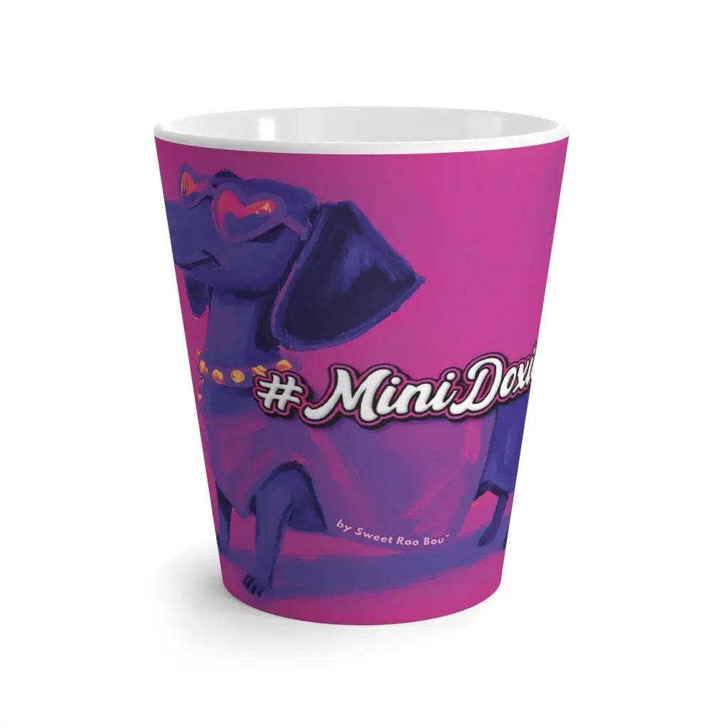 12 oz latte mug with Roxy Roo in purple. Boutique dachshund bold color. Microwave and dishwasher safe. Ships 4 to 8
