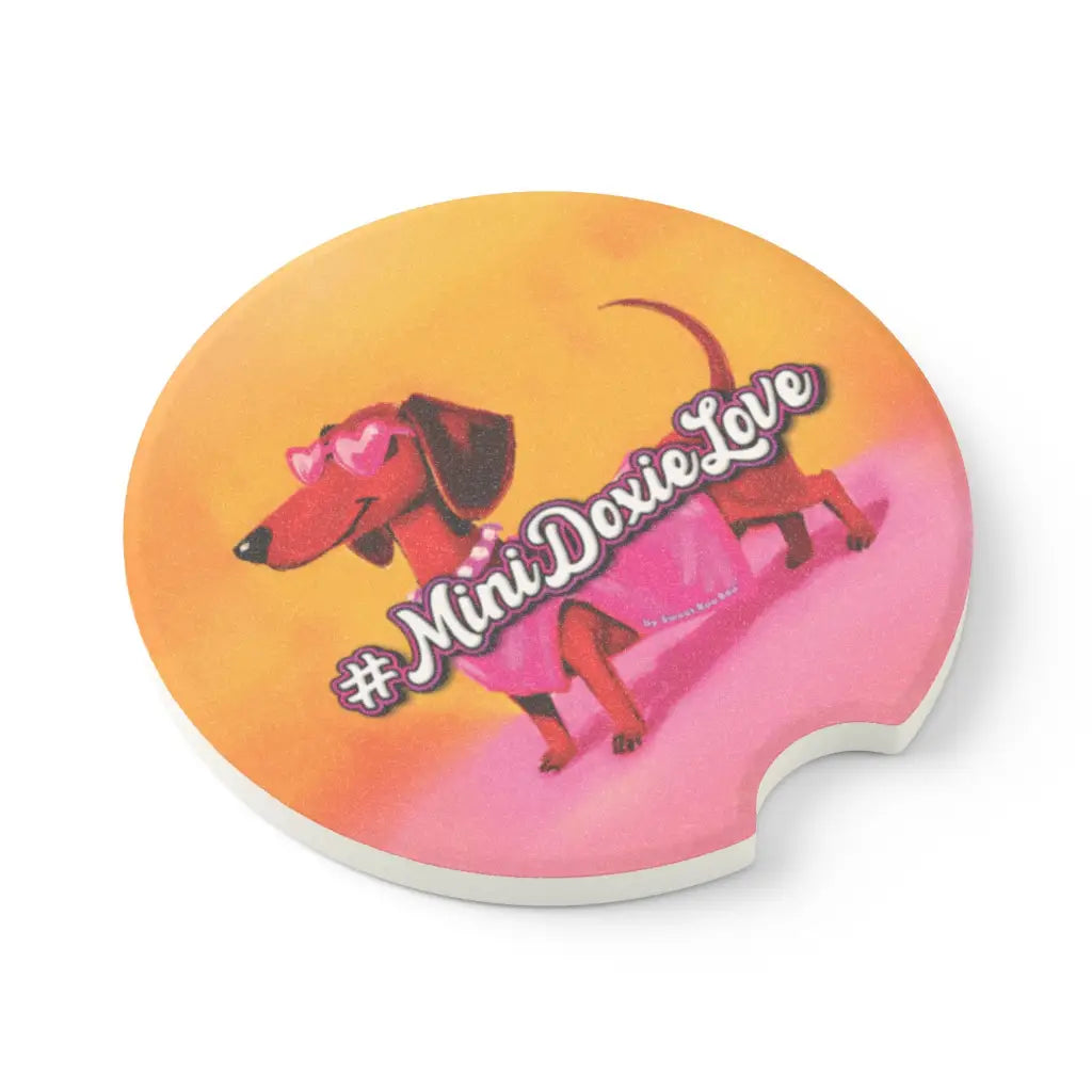 Soapstone car coaster in a bright pink dachshund design. Absorbs moisture fits most cup holders. Choose single or set.