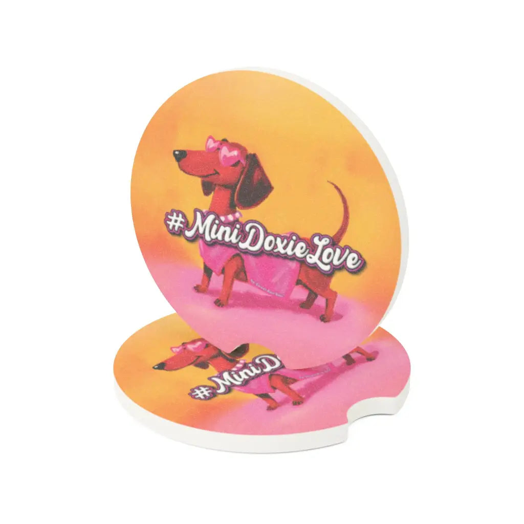 Soapstone car coaster in a bright pink dachshund design. Absorbs moisture fits most cup holders. Choose single or set.