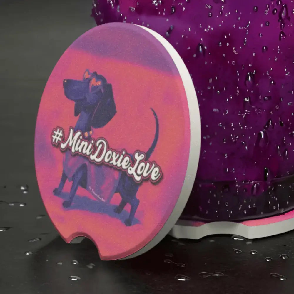 Purple dachshund soapstone car coaster with boutique Roxy Roo art. Sold as 1 or 2-piece set. Luxe muted matte finish.