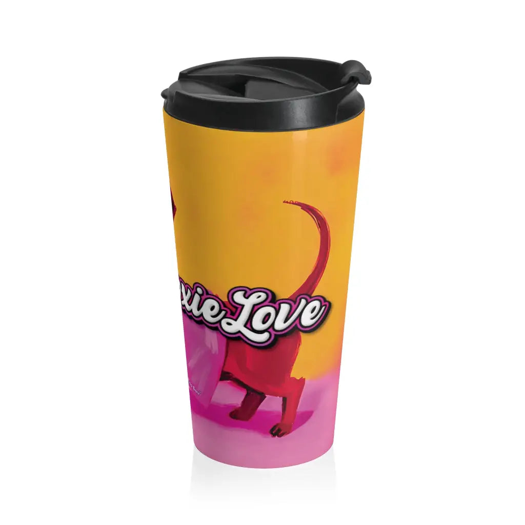 Classic Pink dachshund travel mug with exclusive Sweet Roo Bou art. 15 oz stainless steel. Vacuum insulated. Dishwasher