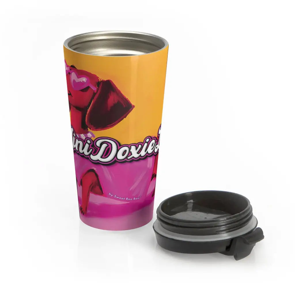 Classic Pink dachshund travel mug with exclusive Sweet Roo Bou art. 15 oz stainless steel. Vacuum insulated. Dishwasher