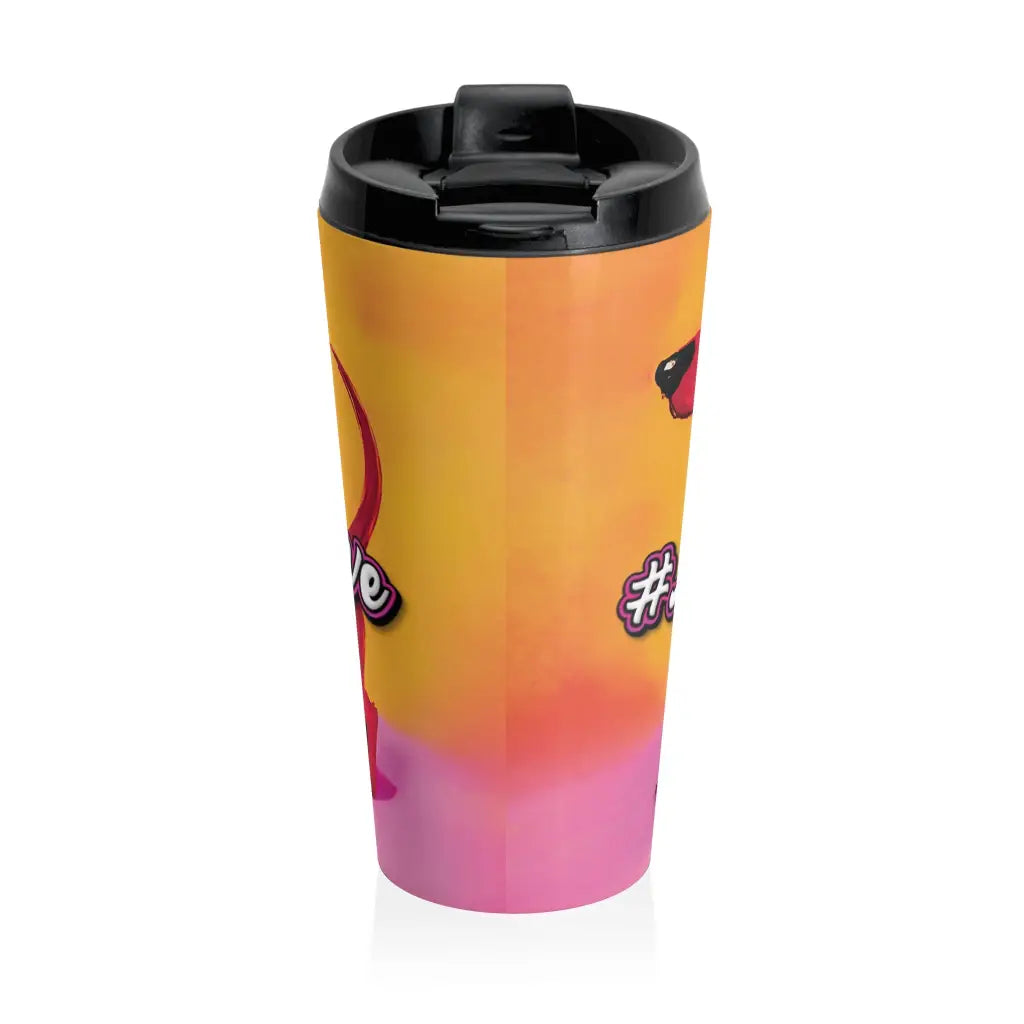 Classic Pink dachshund travel mug with exclusive Sweet Roo Bou art. 15 oz stainless steel. Vacuum insulated. Dishwasher