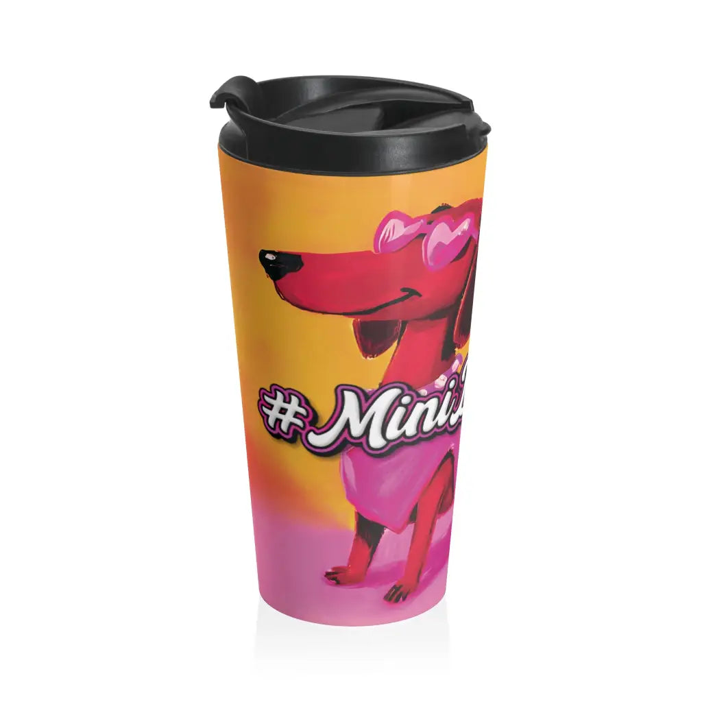 Classic Pink dachshund travel mug with exclusive Sweet Roo Bou art. 15 oz stainless steel. Vacuum insulated. Dishwasher