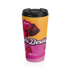 Classic Pink dachshund travel mug with exclusive Sweet Roo Bou art. 15 oz stainless steel. Vacuum insulated. Dishwasher