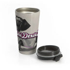 Exclusive Sweet Roo Bou dachshund travel mug with double-wall insulation and secure lid. Holds 15 oz. Dishwasher safe