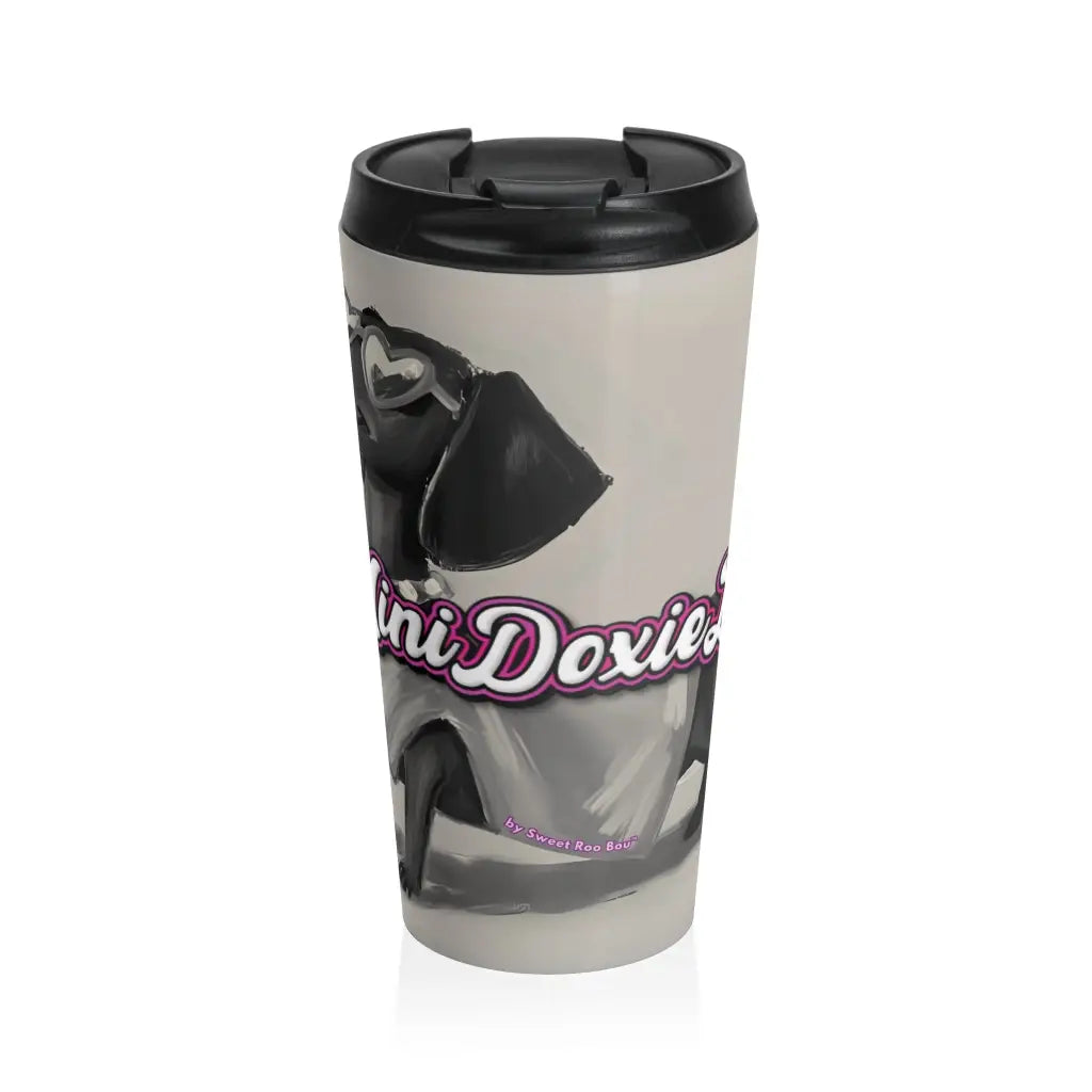 Exclusive Sweet Roo Bou dachshund travel mug with double-wall insulation and secure lid. Holds 15 oz. Dishwasher safe